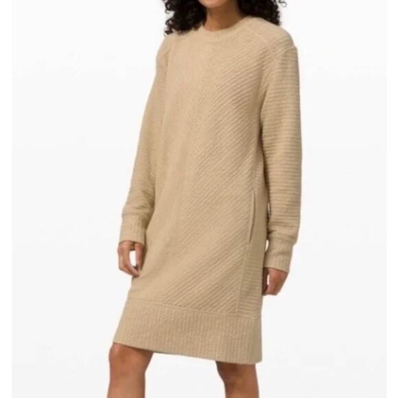 Lululemon On Repeat Ribbed Long Sleeve Dress Sweatshirt Tan 8 Knee Length - Picture 1 of 8